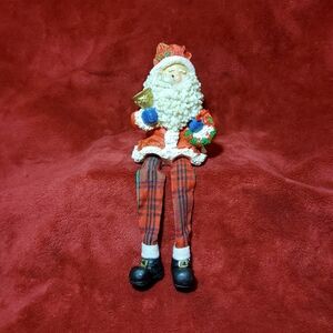 Vintage Santa Claus Shelf Sitter Christmas Wreath & Bell Resin and Cloth Legs 9"